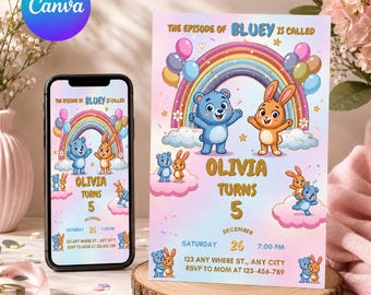レインボーベアの誕生日招待状、パステルカラーの雲と虹をテーマにしたデザイン、編集可能なCanva招待状（デジタルダウンロード）
