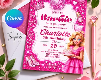 ファッションドール誕生日招待状、ホットピンクのマリブパーティー、親友への招待状（デジタルダウンロード）