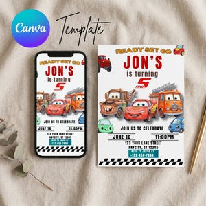 May include: A digital birthday invitation template featuring cartoon race cars and a fire truck. The text reads READY SET GO JON'S is turning 5, with event details including June 16, 11:00PM, 123 Your Lane Street, and a chequered flag border.