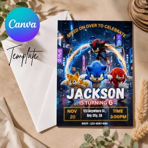 May include: A rectangular birthday invitation card featuring Sonic the Hedgehog, Tails, Knuckles, and Shadow against a city background. The text reads: SPEED ON OVER TO CELEBRATE, JACKSON IS TURNING 6, NOV 20, 123 Anywhere St., Any City, CA, 3:00PM, RSVP: 123-4567-980.