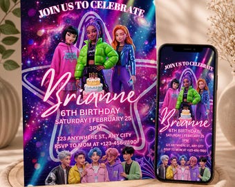 Kpopの悪魔ハンターズ誕生日招待状、ネオンガールズパーティーテンプレート（デジタルダウンロード）