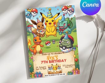 ポケモン誕生日招待状、ピカチュウパーティー招待状、編集可能なポケモン、デジタルダウンロード、Canvaテンプレート