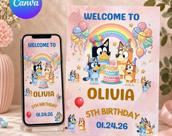 ブルーイの誕生日招待状テンプレート、編集可能なCanvaパーティー招待状（デジタル配信）