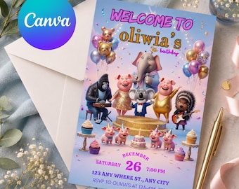パーティーアニマルズ誕生日招待状｜子供向け動物テーマのCanvaテンプレート（デジタルダウンロード）