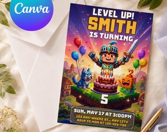 ピクセルブロック風誕生日招待状、ゲーマーパーティー招待状、Canvaテンプレート（デジタルダウンロード）