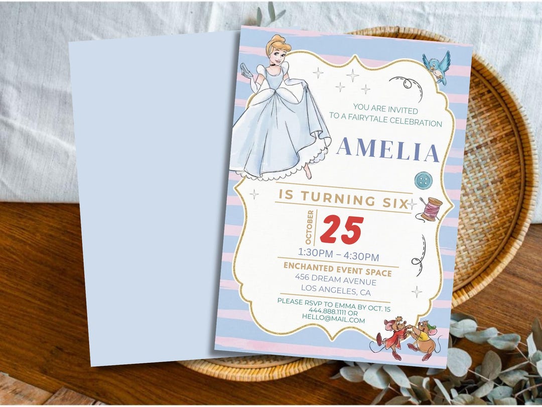 Princess Cinderella Watercolor Birthday Invitation Template, Editable ...