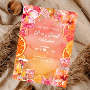 May include: A rectangular invitation card with a watercolor sunset background featuring orange slices, pink hibiscus flowers, starfish, and cocktail illustrations. The text reads: You are invited to Olivia's Sunset Celebration, Saturday July 18, 7 PM, 456 Ocean Breeze Ave. Miami Beach, FL 33139.