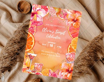 Puede incluir: Una tarjeta de invitación rectangular con un fondo de acuarela de atardecer, decorada con ilustraciones de rodajas de naranja, flores de hibisco rosas, estrellas de mar y cócteles. El texto dice: You are invited to Olivia's Sunset Celebration, Saturday July 18, 7 PM, 456 Ocean Breeze Ave. Miami Beach, FL 33139.