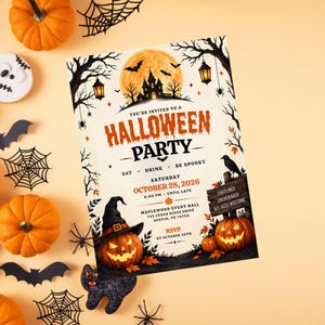 Könnte beinhalten: Eine rechteckige Halloween-Party-Einladungskarte mit Vollmond, Spukhaus, Fledermäusen und einem Kürbis mit Hexenhut. Der Text lautet: You're invited to a Halloween party, eat, drink, be spooky, Samstag, 28. Oktober 2026, Maplewood Event Hall.