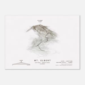 May include: A topographic map of Mt. Elbert in the Sawatch Range, Colorado, featuring a dotted trail route, elevation data of 14,433 feet, 14.8 miles, and 4,946 feet of gain. The print includes a profile view and text labels.