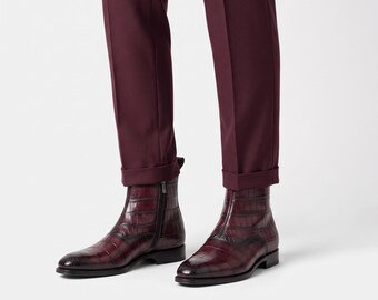 Handmade Burgundy Alligator Embossed Leather Side Zip Boots Men