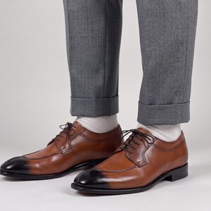 Handmade Men's Tan Burnished Leather Split Toe Derby Shoes
