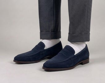 Handmade Navy Blue Suede Penny Loafers Men  Leather Sole Slip On