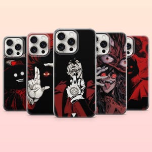 May include: Five smartphone cases featuring dark, anime-style illustrations in red, black, and white. The designs depict characters with sharp teeth, glowing eyes, and occult symbols, including a hand gesture and a wide, menacing grin on the cases.