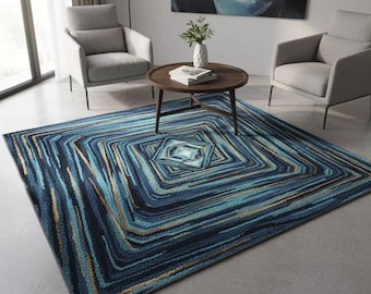 Handmade Blue Geometric Area Rug, Abstract Tufted Carpet, Nordic Living Room Decor
