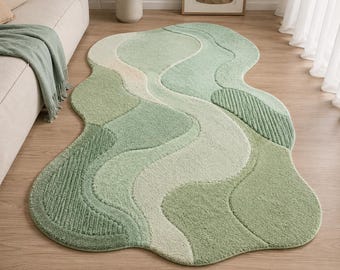 Sage Green Abstract Hand Tufted Wool Rug, Organic Shape Plush Carpet