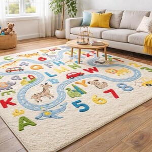 Educational Kids Playroom Rug, ABC Numbers Road Map Design, Nursery Area Rug