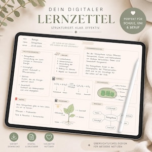 Può includere: Una guida allo studio digitale su un tablet con il titolo "DEIN DIGITALER LERNZETTEL". La guida tratta la fotosintesi, inclusi termini chiave, processi e un diagramma. Una penna è appoggiata sullo schermo. Progettato per la scuola, l'università e il lavoro.