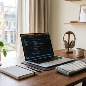 May include: A modern home office setup with a laptop displaying code, a wireless keyboard, and a mouse on a wooden desk. A potted plant, headphones, and a coffee mug add to the workspace. Books and a framed print are on a shelf.