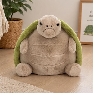 Puede incluir: Un peluche de tortuga con una expresión de enfado. La tortuga tiene un cuerpo marrón claro, un caparazón verde y extremidades pequeñas. El juguete está sobre un suelo de madera.