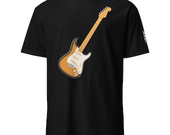 May include: A black short-sleeve t-shirt featuring a graphic of a sunburst-colored electric guitar with a white pickguard and a light wood-toned neck. The guitar is positioned diagonally across the center of the chest area of the garment.