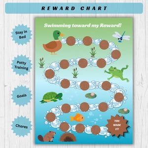 Op de afbeelding: Een beloningskaart met de titel Swimming toward my Reward! met een kronkelend pad van bubbels met bruine cirkels voor stickers. Illustraties bevatten een eend, libel, kikker, schildpad, vis en bever. Labels aan de zijkant vermelden taken en doelen.