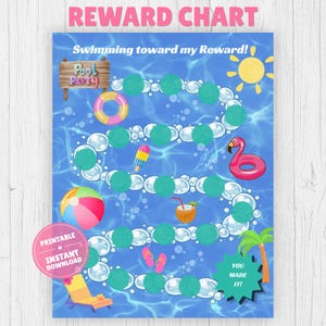 Könnte beinhalten: Eine Belohnungstabelle mit blauem Pool-Hintergrund, die den Text REWARD CHART und Swimming toward my Reward! enthält. Sie zeigt einen geschlängelten Pfad aus Blasen, ein Holzschild, einen Wasserball, einen pinken Flamingo-Schwimmring und eine Palme.