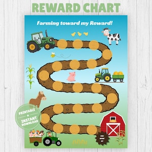 Peut inclure: Un tableau de récompenses sur le thème de la ferme avec un chemin de terre brun sinueux et des cercles pour suivre les progrès. Le design inclut des illustrations de tracteur vert, grange rouge, vache, cochon, cheval, maïs et abeille.