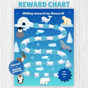 Op de afbeelding: Een blauwe beloningskaart met de titel REWARD CHART en Sliding toward my Reward! met een kronkelend pad van lichtblauwe cirkels, een iglo, een beloegawalvis, een ijsbeer, een pinguïn, een zeehond, een rendier en een ster met YOU MADE IT!