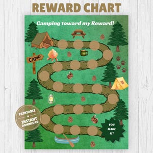 May include: A green reward chart titled REWARD CHART and Camping toward my Reward! featuring a winding path with circular spots, illustrations of a tent, campfire, lantern, canoe, pine trees, and wildlife, plus a badge stating PRINTABLE INSTANT DOWNLOAD.