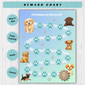 Op de afbeelding: Een beloningsschema voor honden met de tekst "REWARD CHART" en "Fetching my Reward!". Het ontwerp toont illustraties van puppy's en pootafdrukken op een blauwe achtergrond. Het schema bevat secties voor "Stay in Bed", "Potty Training", "Goals" en "Chores".