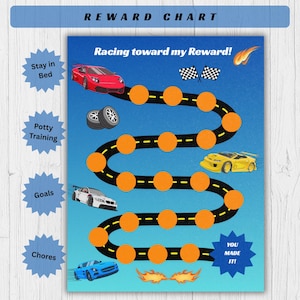 Peut inclure: Un tableau de récompenses coloré sur le thème des voitures de course. Le tableau présente une route sinueuse avec des cercles oranges, des voitures de course et le texte "Racing toward my Reward!" ainsi que "YOU MADE IT!" et d'autres textes liés aux objectifs.