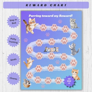 Tableau de récompenses imprimable pour chaton, suivi des progrès avec autocollants pour l'apprentissage de la propreté et les tâches ménagères
