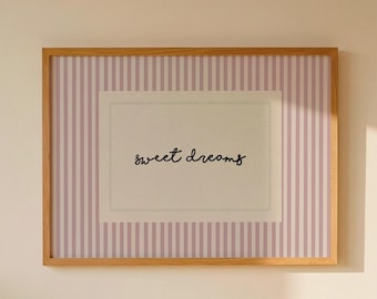 Sweet Dreams Pink Wall Art, Retro Striped Printable Poster, Horizontal Above the Bed Print, Cute Vintage Home Decor, Girl Nursery Wallart