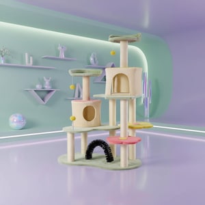Flower Cat Tree Tower 59” Cute Colorful Cat Tree House w/ Sisal Scratching Posts, Cozy Condo & Padded Perch, Modern Indoor Cat Furniture