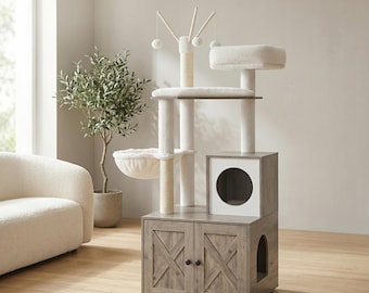 Modern Cat Tree Condo With Litter Box Enclosure, 55in Wooden Cat Tower Furniture