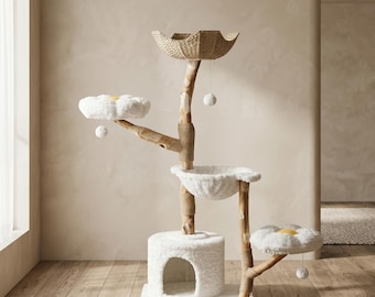 Árbol rascador moderno para gatos grandes, torre rascador de madera, muebles bohemios para gatos, condominio de lujo para gatos, rascador de madera natural con cama tipo cesta.