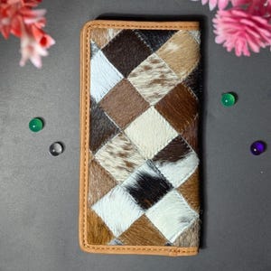 Real Cowhide Patchwork Long Wallet for Men & Women, Genuine Hair on Hide Leather Checkbook Cover, Western Bifold Wallet,Unique Birthday Gift