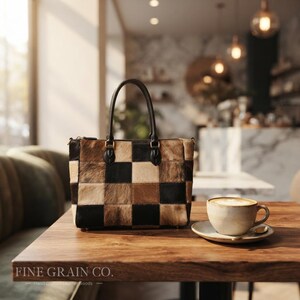 Puede incluir: Un bolso rectangular con un diseño de patchwork de cuadrados de piel con pelo en tonos negro, tostado y marrón. El bolso tiene dos asas de cuero marrón oscuro unidas con herrajes dorados. El texto FINE GRAIN CO. aparece en la esquina inferior.