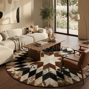 May include: A round area rug featuring a geometric star pattern composed of cowhide patches in shades of brown, black, and white. The rug displays a repeating diamond motif radiating from the center, with visible natural hide textures.