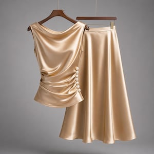 Puede incluir: Un top sin mangas de satén color champán con escote drapeado y detalle fruncido lateral con cinco botones de perlas blancas, combinado con una falda midi de corte en A a juego y cintura alta. Ambas prendas cuelgan de perchas de madera.