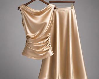 Women's Satin Top & Skirt Set |  Elegant Sleeveless Pearl Detail Outfit