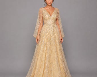 Champagne Sequin Cape Sleeve Evening Gown , Elegant Formal Maxi Dress for Wedding Guest