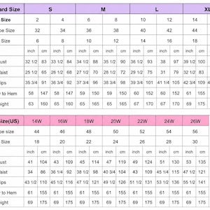 May include: A detailed clothing size chart, showing US, European, and UK sizes, with bust, waist, hips, hollow to hem, and height measurements in inches and centimetres. Includes standard and plus sizes.