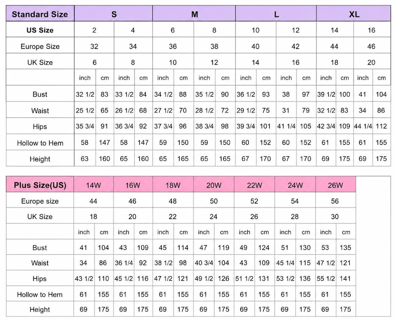 May include: A detailed clothing size chart, showing US, European, and UK sizes, with bust, waist, hips, hollow to hem, and height measurements in inches and centimetres. Includes standard and plus sizes.