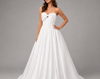 Strapless Satin Wedding Dress, Bow Corset A Line bridal gown