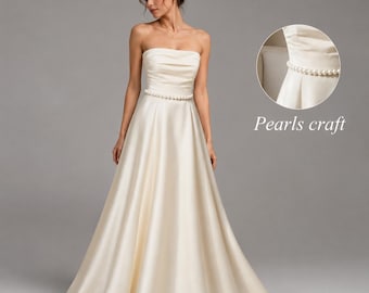 Strapless Satin Wedding dress, Minimalist A Line Bridal Gown
