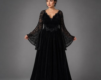 Black Gothic Velvet Dress, victorian Lace Maxi Gown , Witch Costume Dress