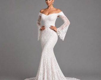 Lace Mermaid Wedding Dress, Off Shoulder Bridal Gown with Sleeves