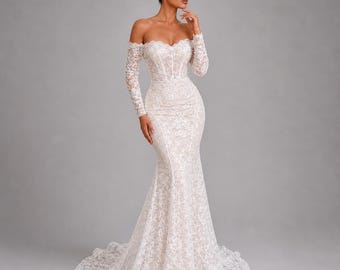 Long Sleeve lace Mermaid Wedding dress, Elegant Fitted Bridal Gown